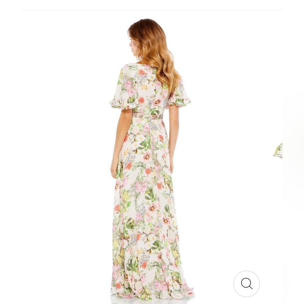 Mac Duggal FLORAL PRINT FAUX WRAP FLUTTER SLEEVE A LINE GOWN size 12 $498 - Picture 5 of 15